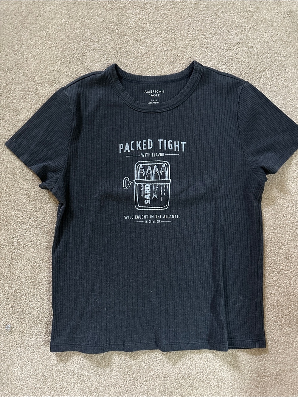 American Eagle Black Graphic Sardine Baby Tee "Packed Tight" Like New